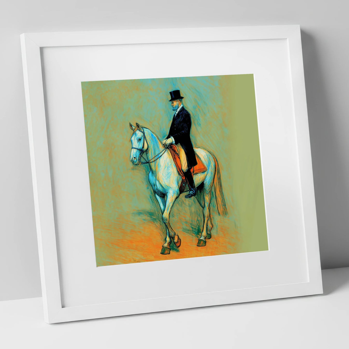 The Classical Master dressage horse art print in white frame