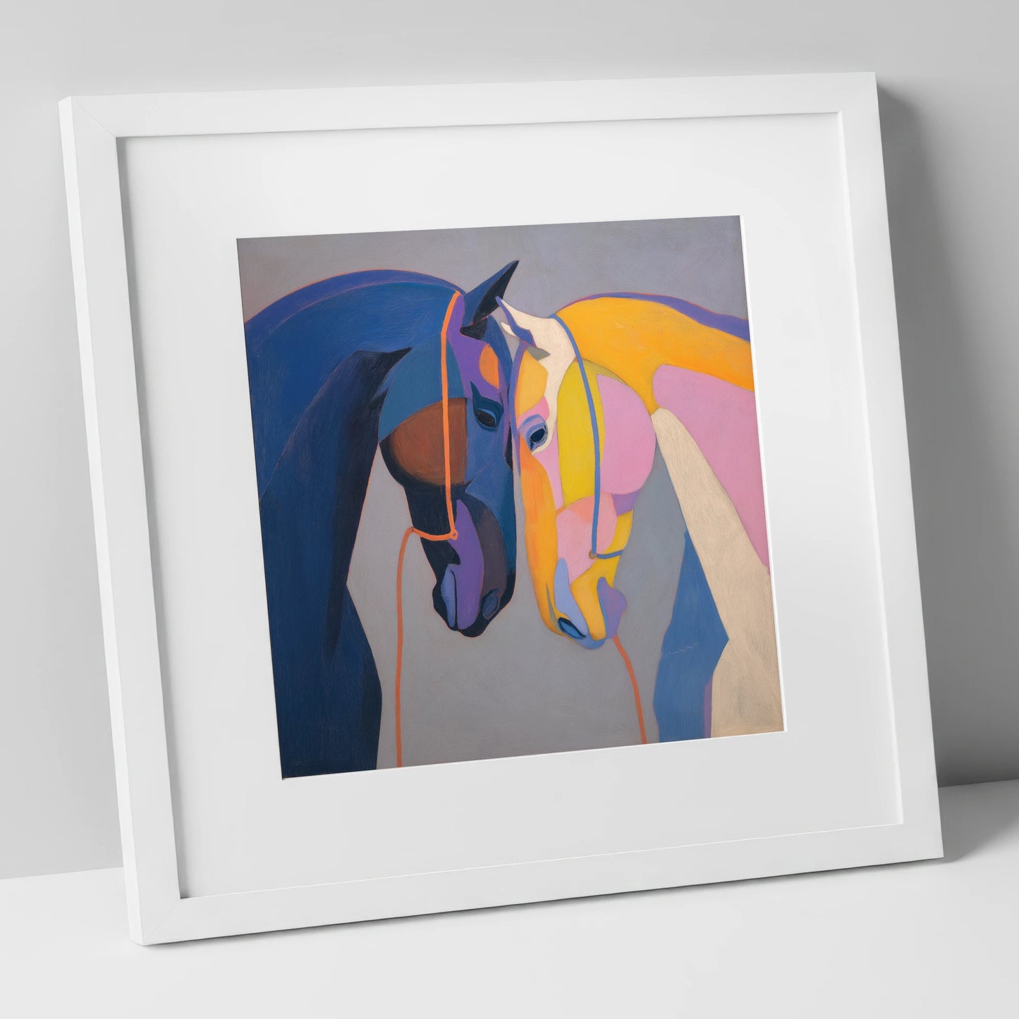 Vibrant Equine Bond horse portrait art print in white frame