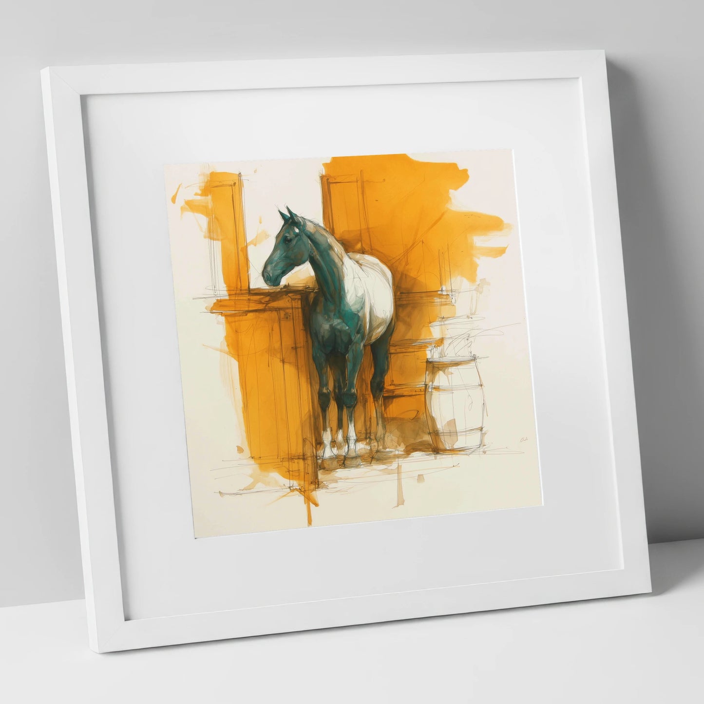 Amber Yard Silhouette horse stable art print in white frame