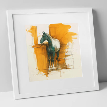 Amber Yard Silhouette horse stable art print in white frame