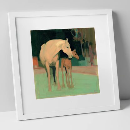 A Quiet Connection mare & foal art print in white frame