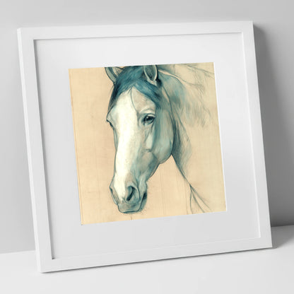 Azure Equine Study horse portrait art print in white frame