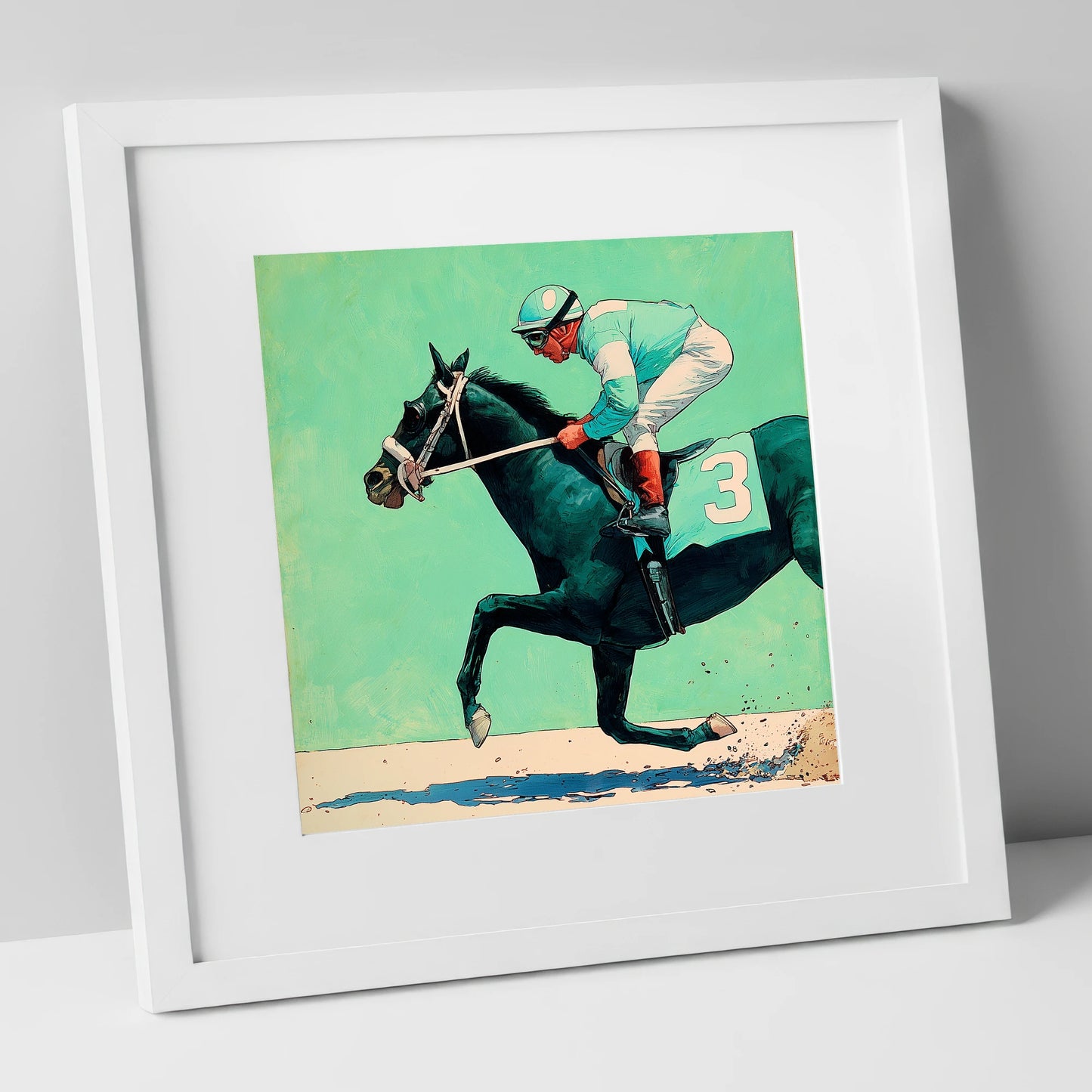 The Teal Flyer racing horse art print in white frame