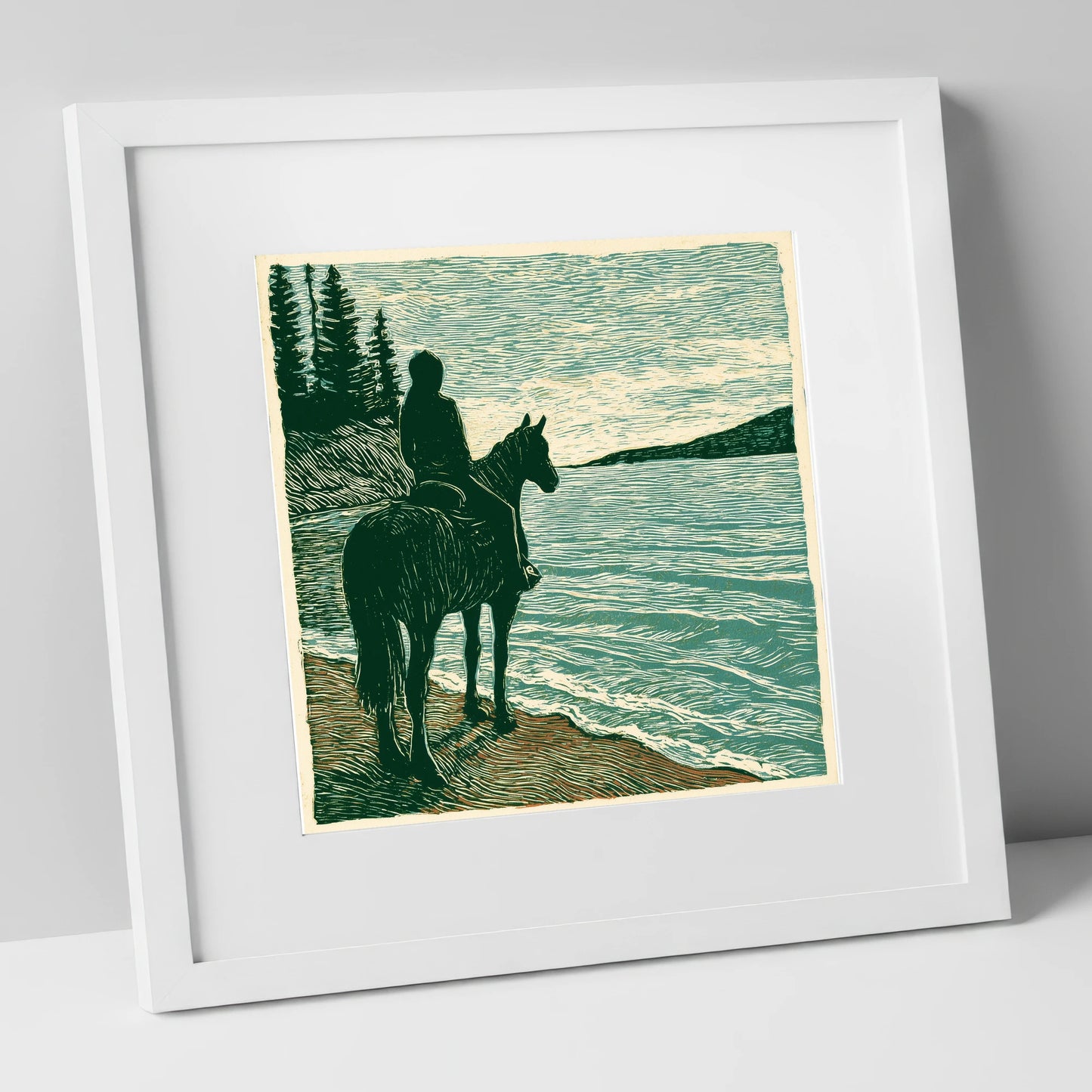 Coastal Solitude beach horse art print in white frame