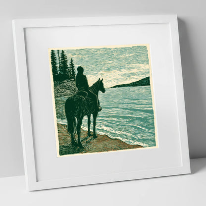 Coastal Solitude beach horse art print in white frame
