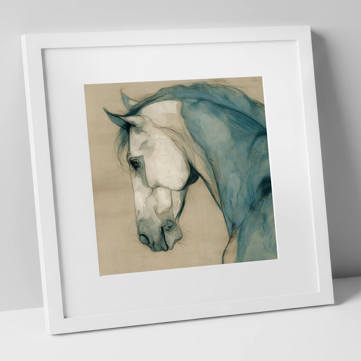 Teal Equine Study horse portrait art print in white frame