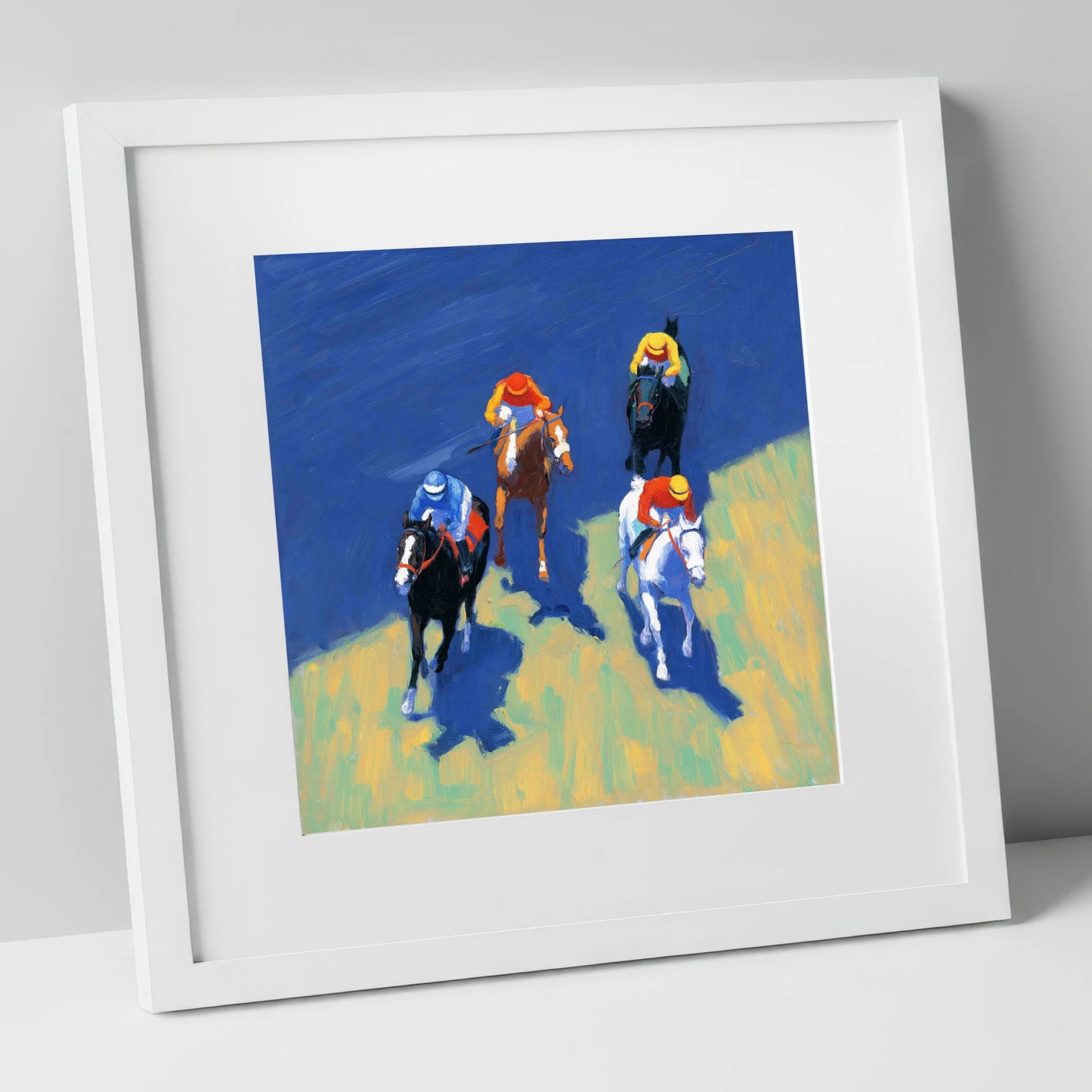 Turf Shadows racing horse art print in white frame