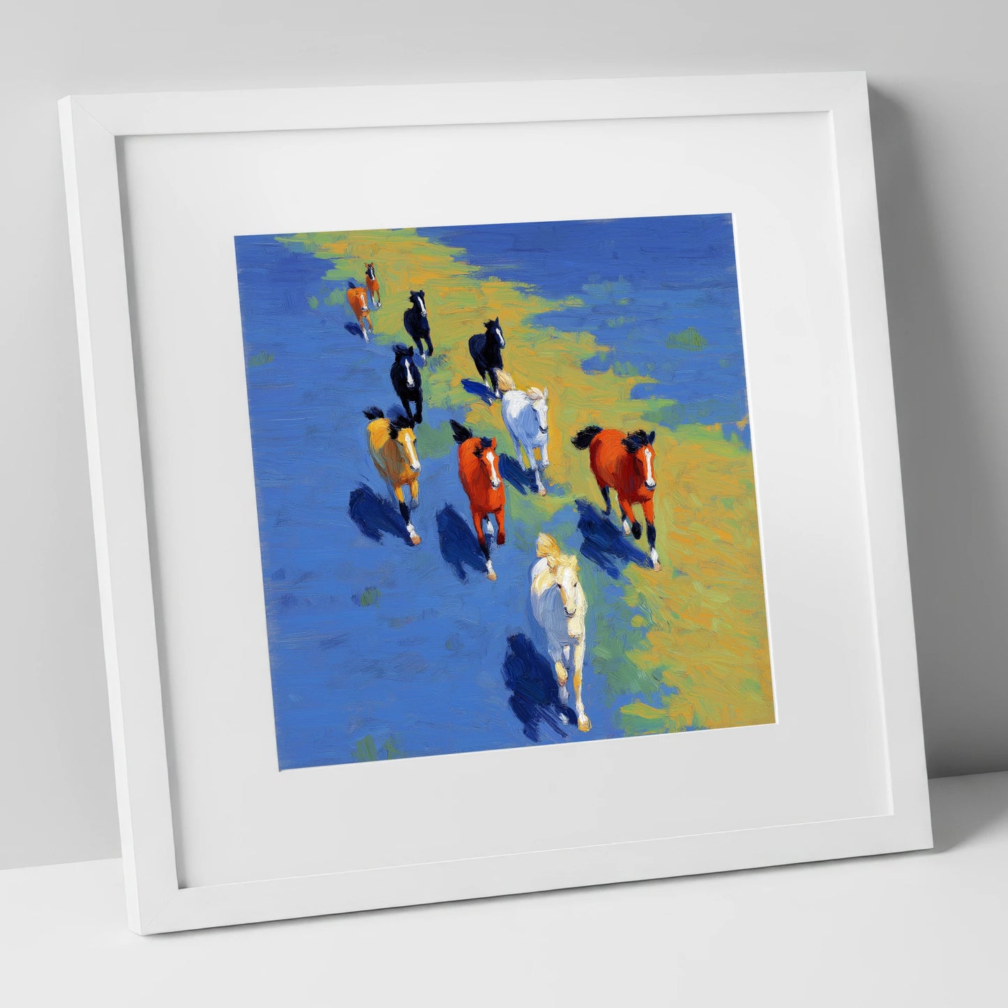 Sunlit Azure Gallop wild horses art print in white frame