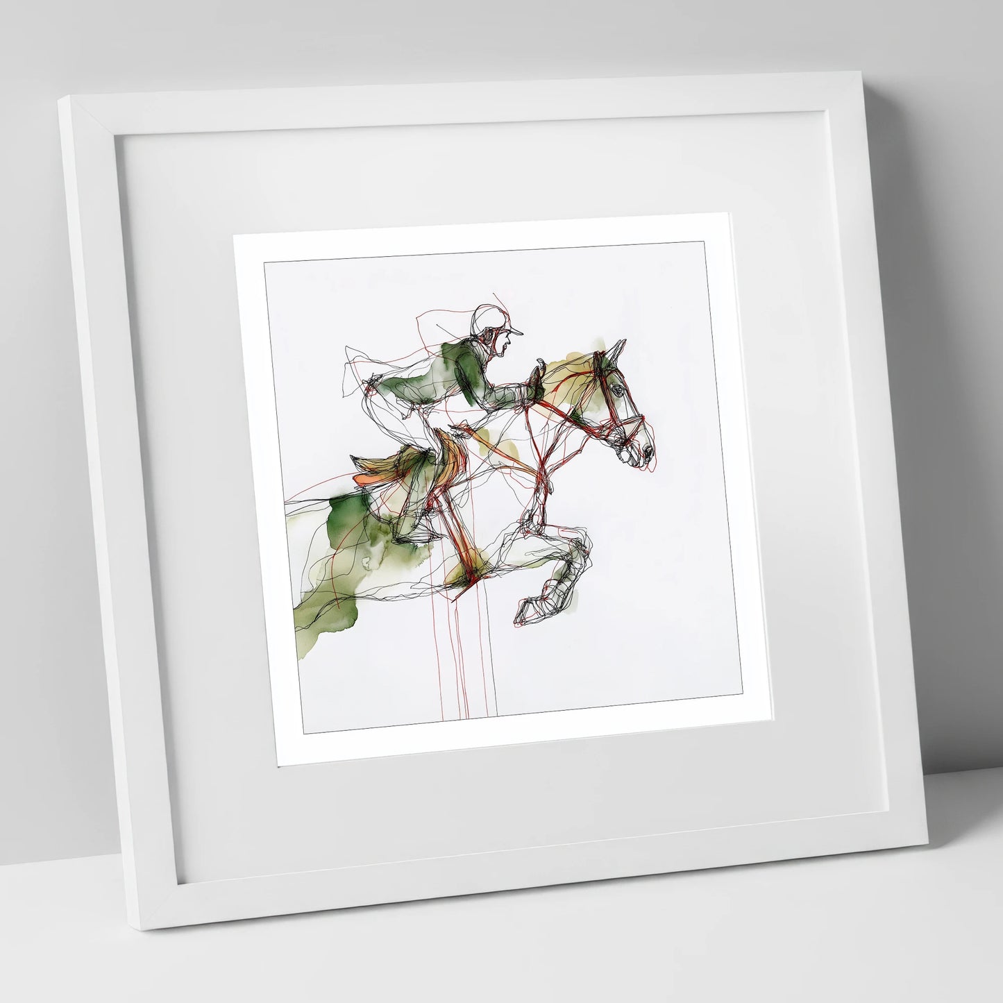 Dynamic Flight show jumping horse art print in white frame