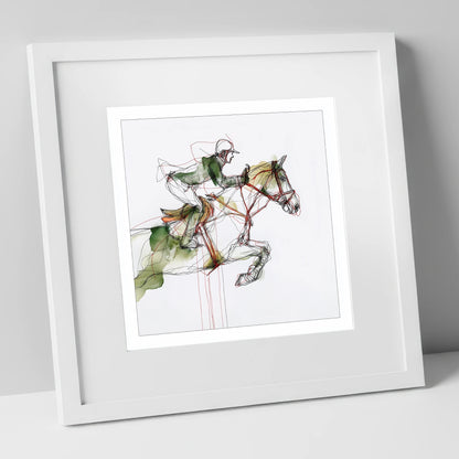 Dynamic Flight show jumping horse art print in white frame