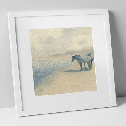 Coastal Companions horse landscape art print in white frame