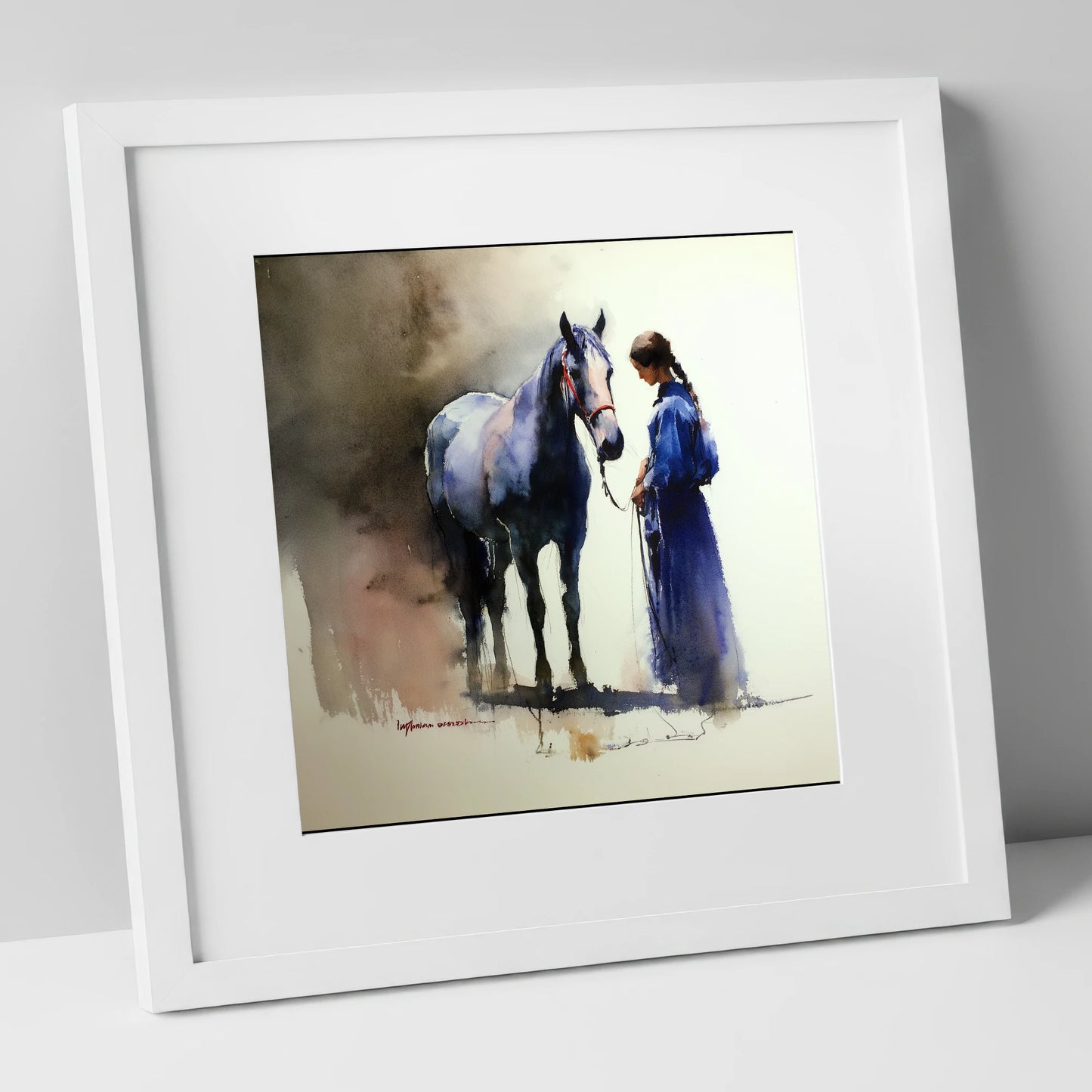 The Silent Bond horse & rider art print in white frame