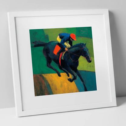 The Crimson Cap racing horse art print in white frame