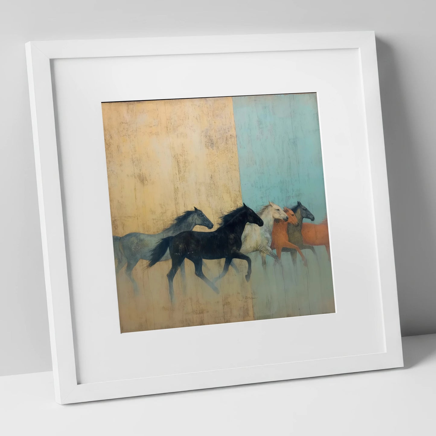 Ethereal Ochre Herd wild horses art print in white frame
