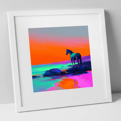 Neon Horizon Vigil horse landscape art print in white frame