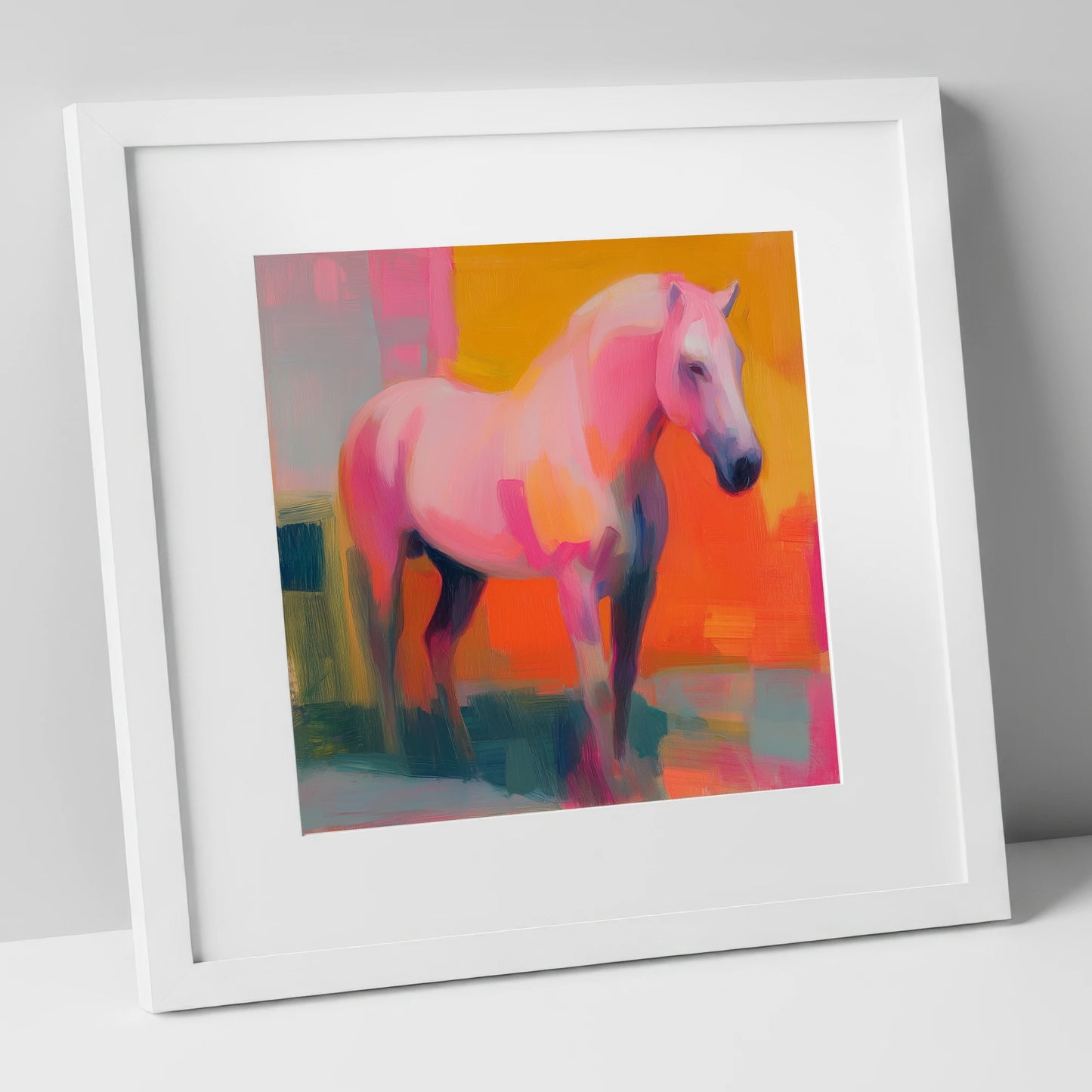 Fuchsia and Fire horse breed art print in white frame