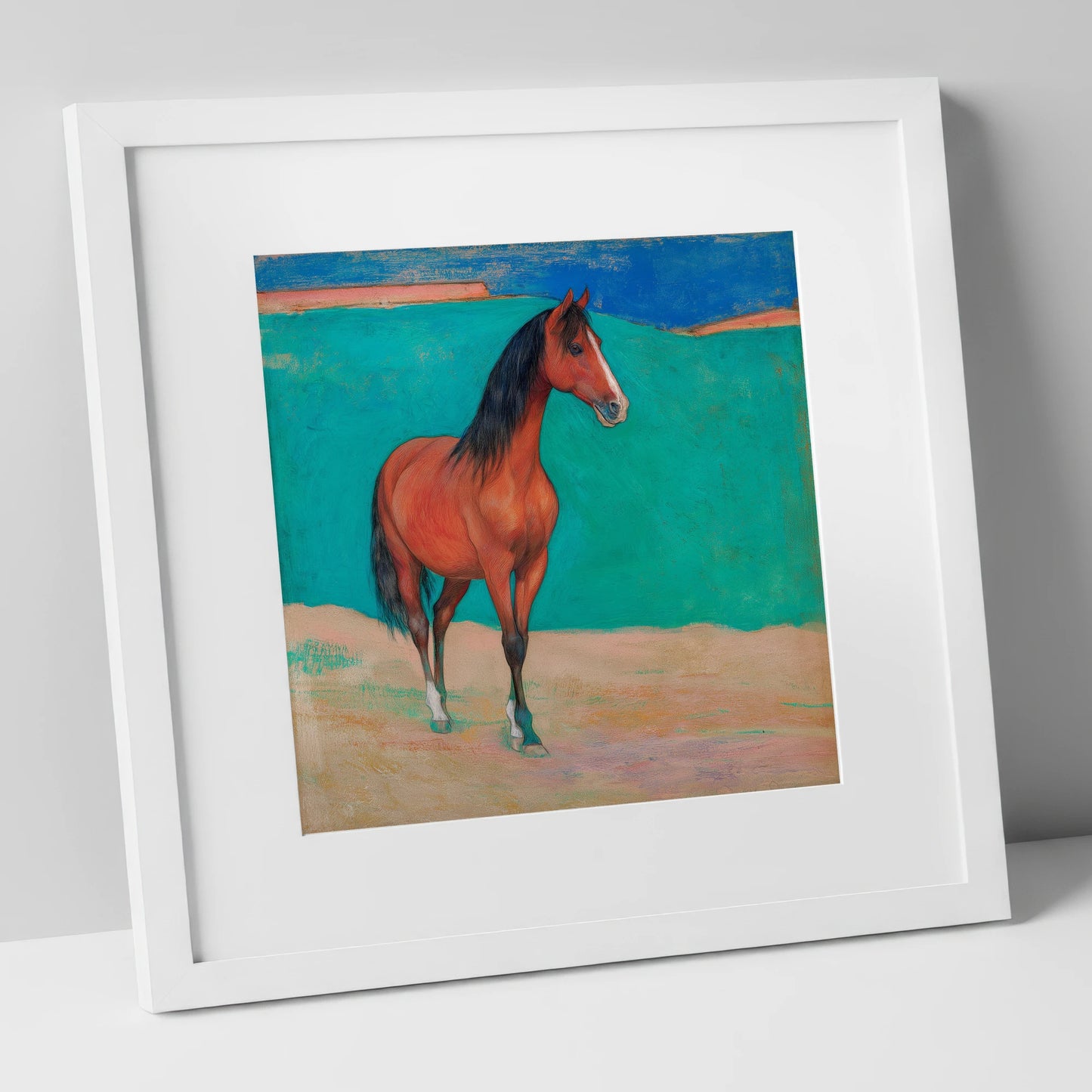Radiant Chestnut Profile horse breed art print in white frame