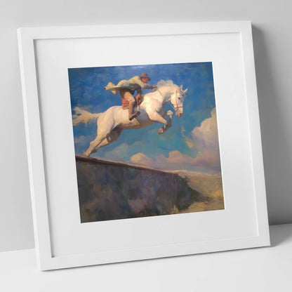 Skyward Bound show jumping horse art print in white frame