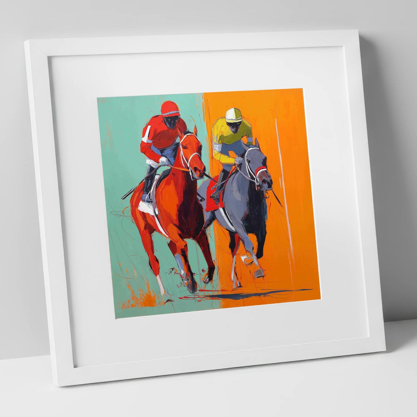 Neck and Neck racing horse art print in white frame