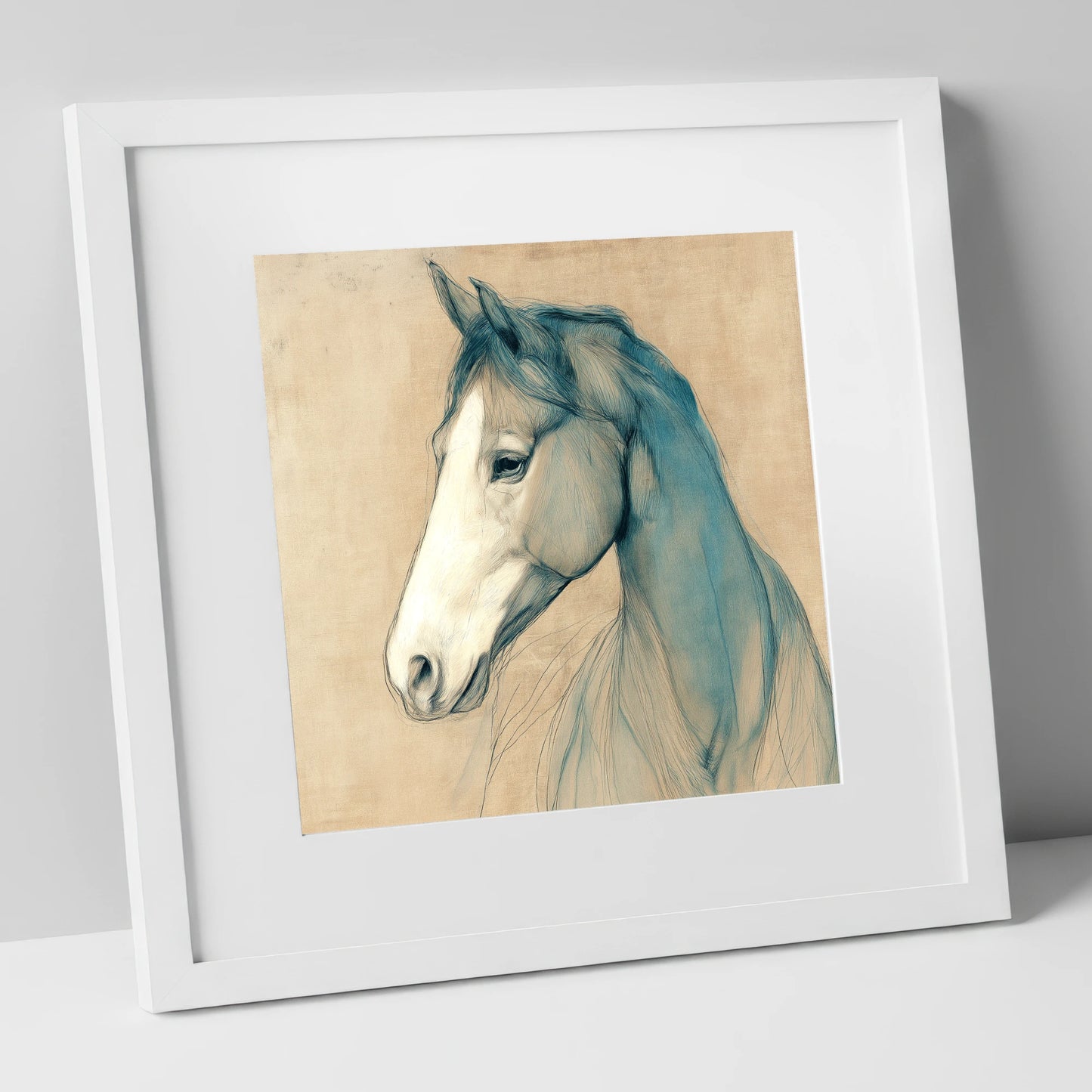 Teal Equine Study horse portrait art print in white frame
