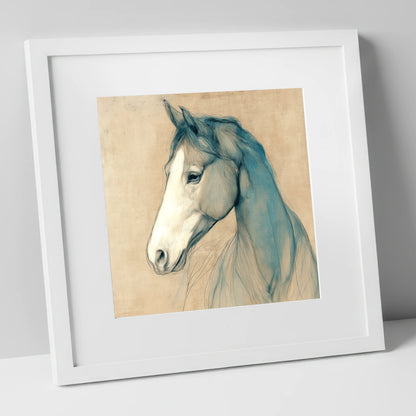 Teal Equine Study horse portrait art print in white frame