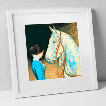 Cerulean Connection horse & rider art print in white frame
