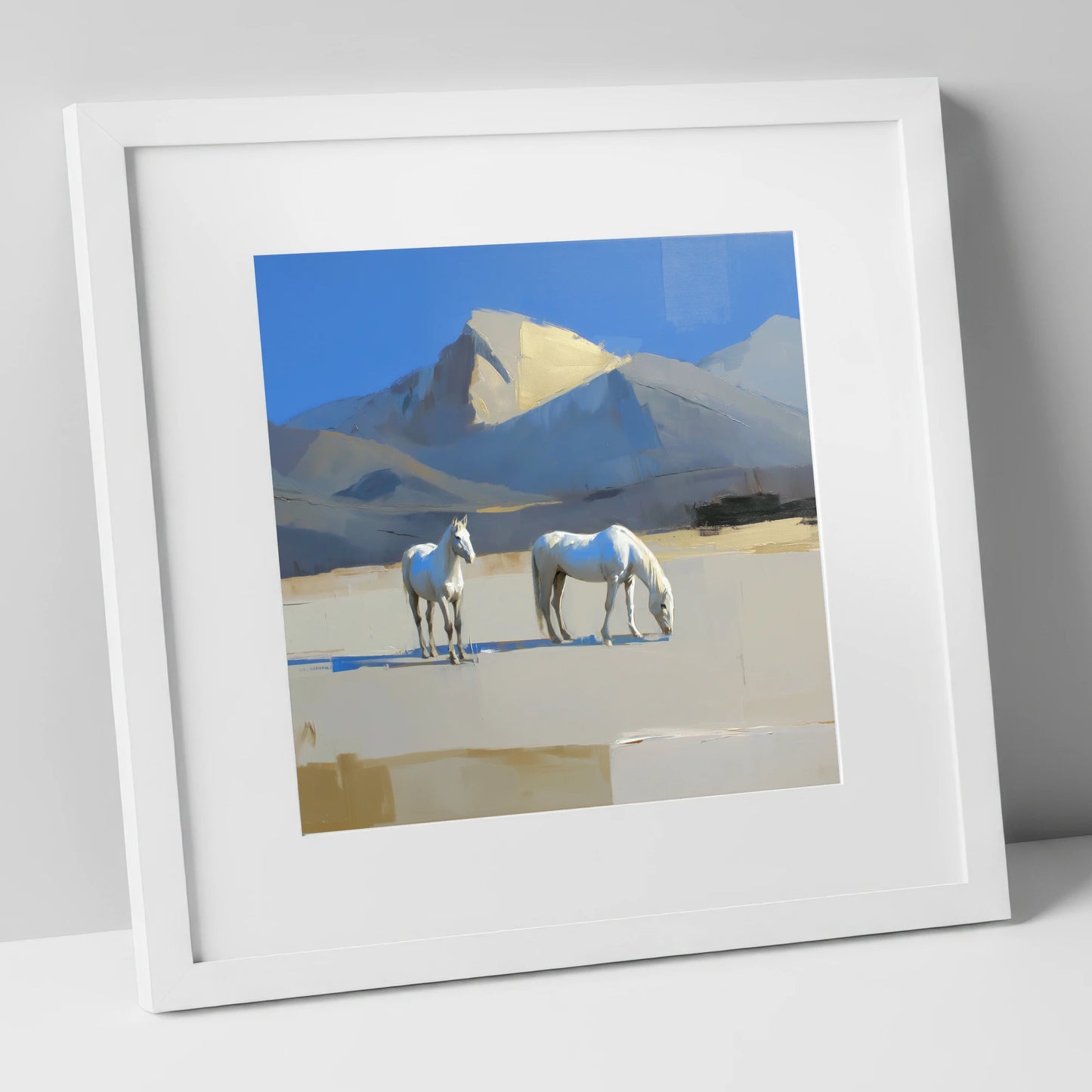 Golden Peak Greys horse landscape art print in white frame