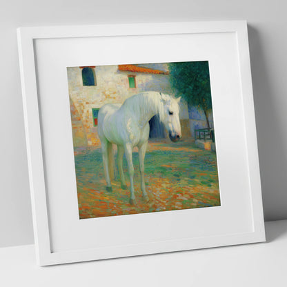 Sunlit Courtyard Grey horse breed art print in white frame