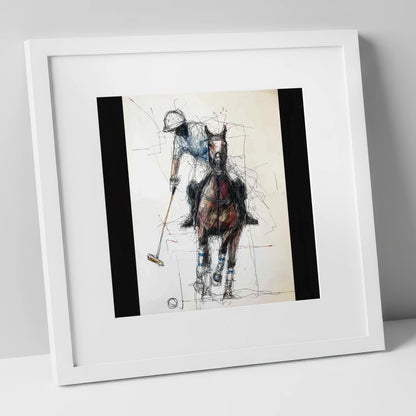 Full Gallop Focus polo horse art print in white frame