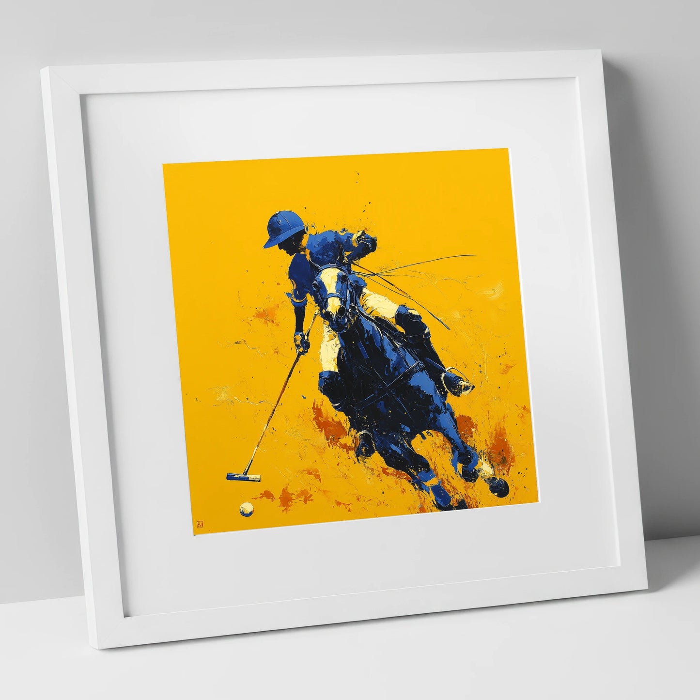 Indigo Chukka Strike polo horse art print in white frame