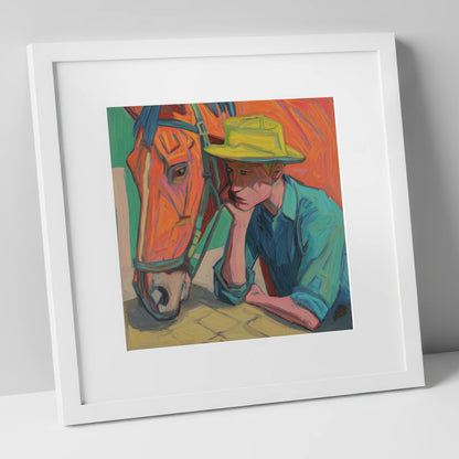 Quiet Companionship horse & rider art print in white frame