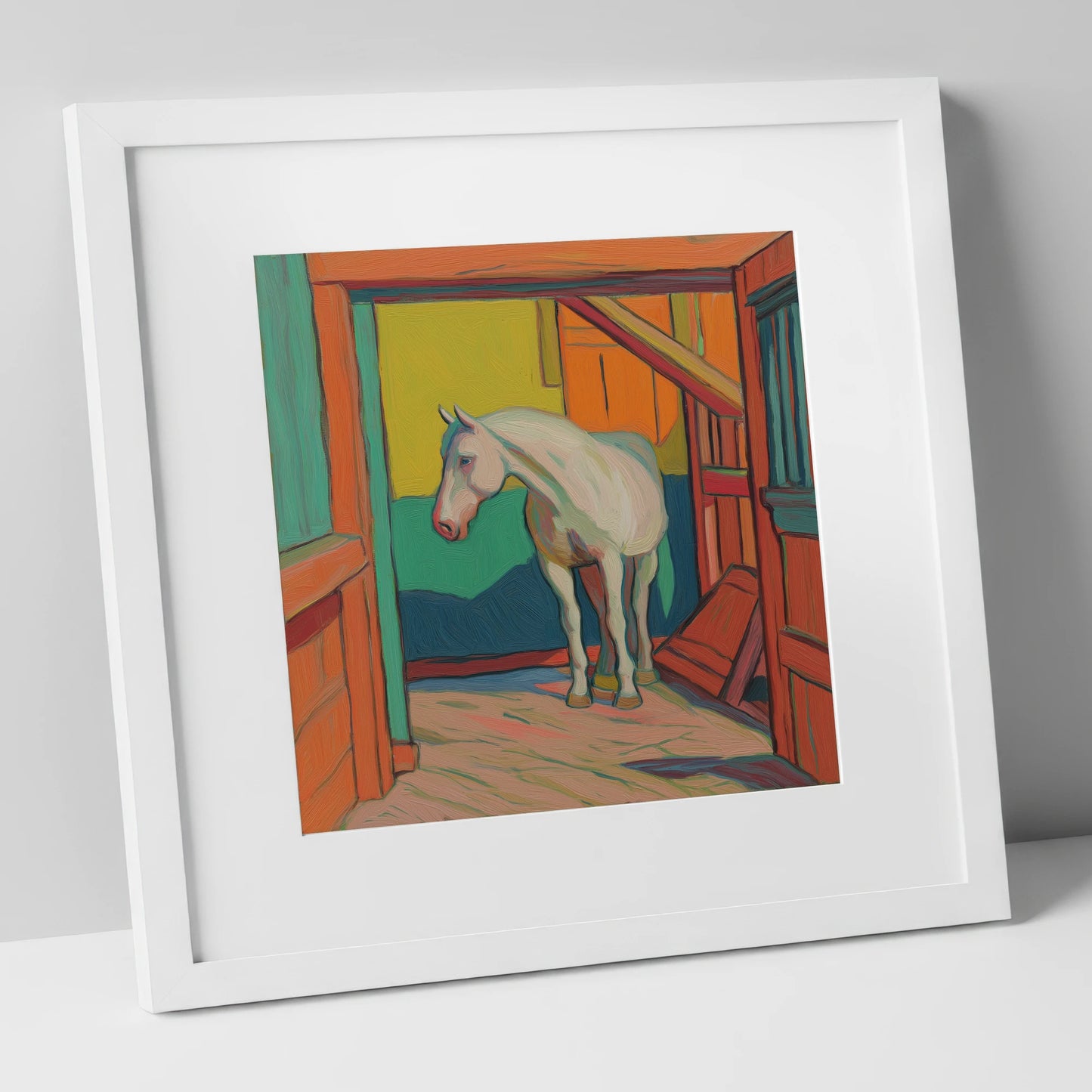 The Vibrant Stable horse stable art print in white frame