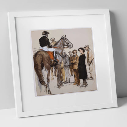 The Paddock Assembly racing horse art print in white frame