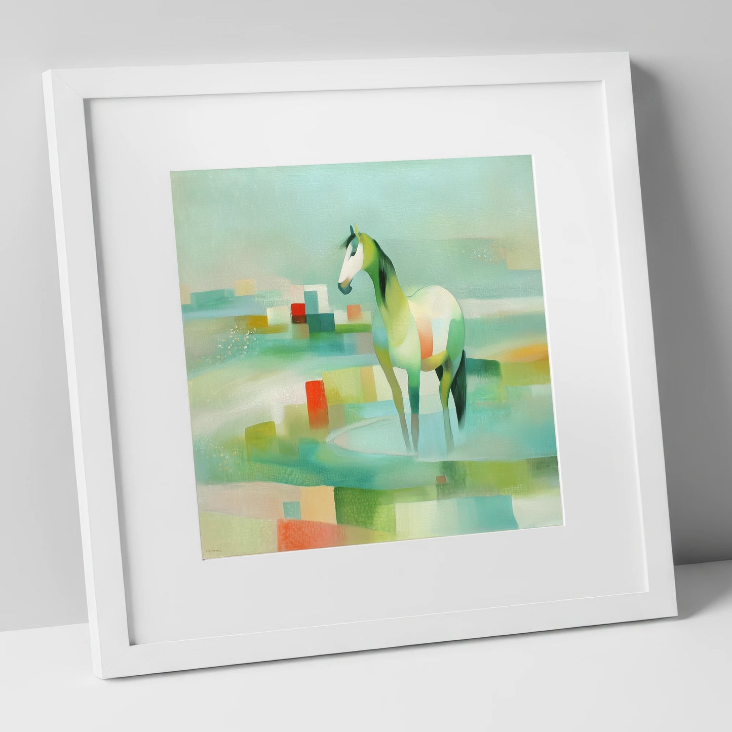 Geometric Coastal Equine beach horse art print in white frame
