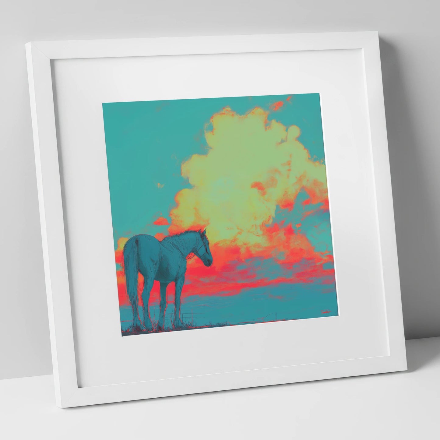 Teal Sunset Horizon horse landscape art print in white frame