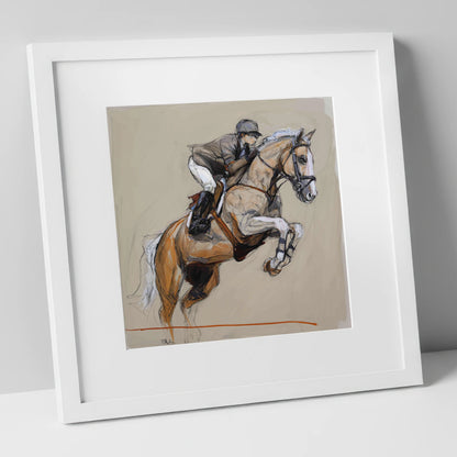Moment of Flight show jumping horse art print in white frame