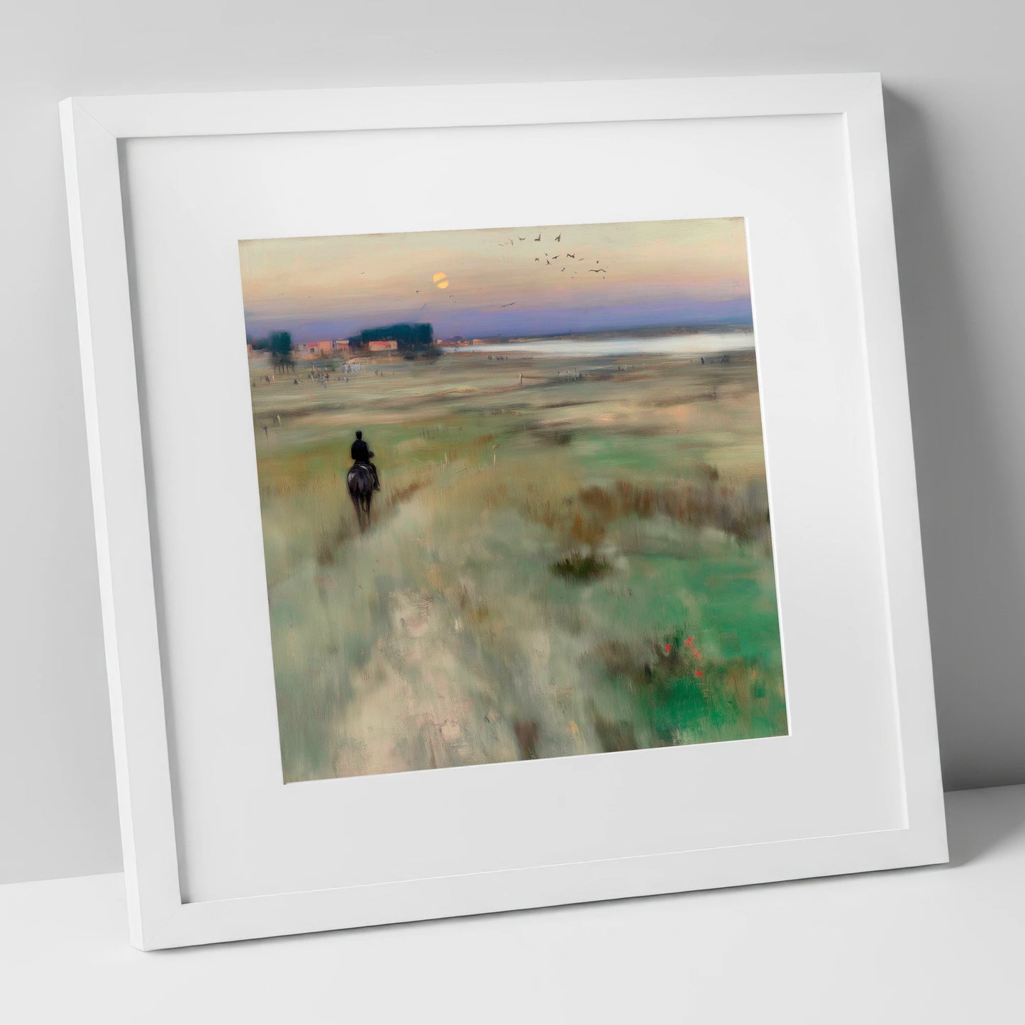Twilight Hack horse landscape art print in white frame