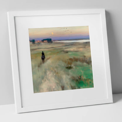 Twilight Hack horse landscape art print in white frame