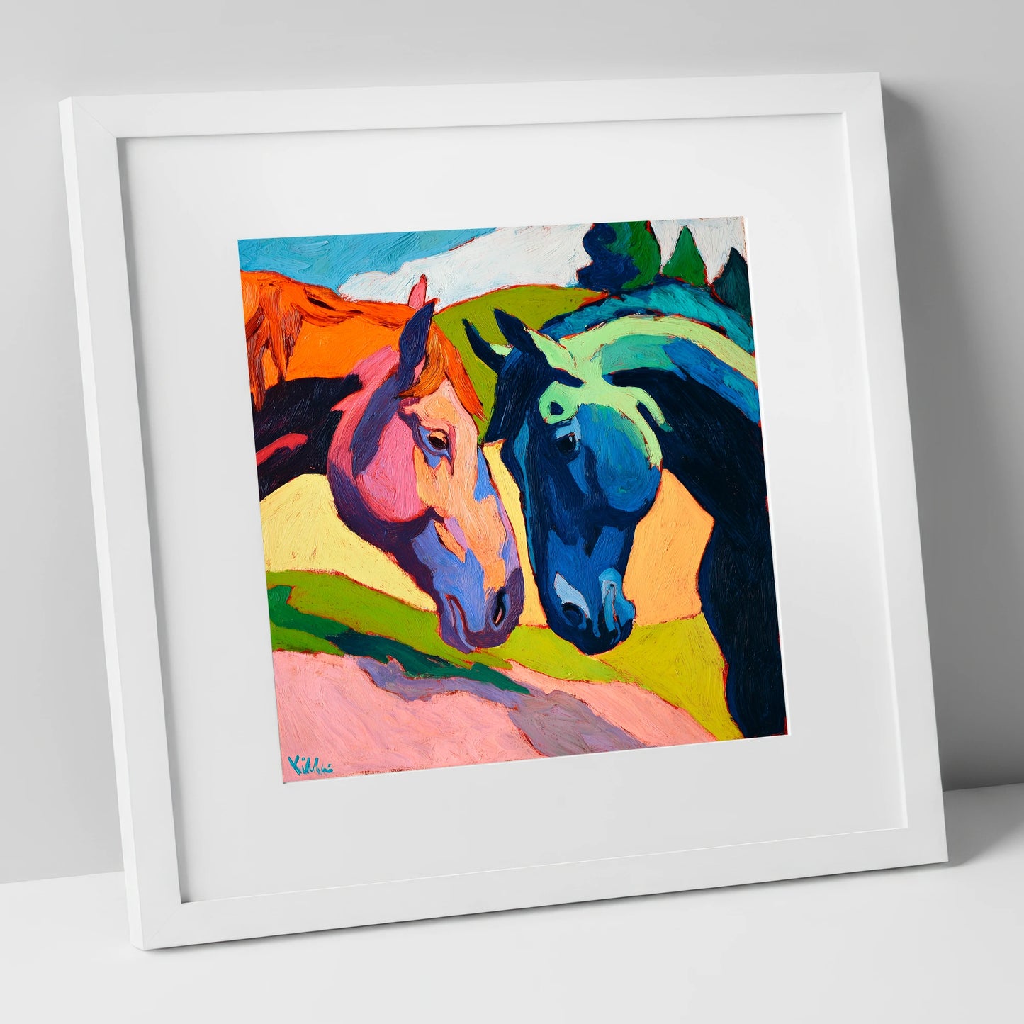 Vibrant Equine Connection horse portrait art print in white frame