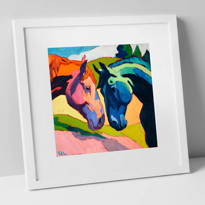Vibrant Equine Connection horse portrait art print in white frame