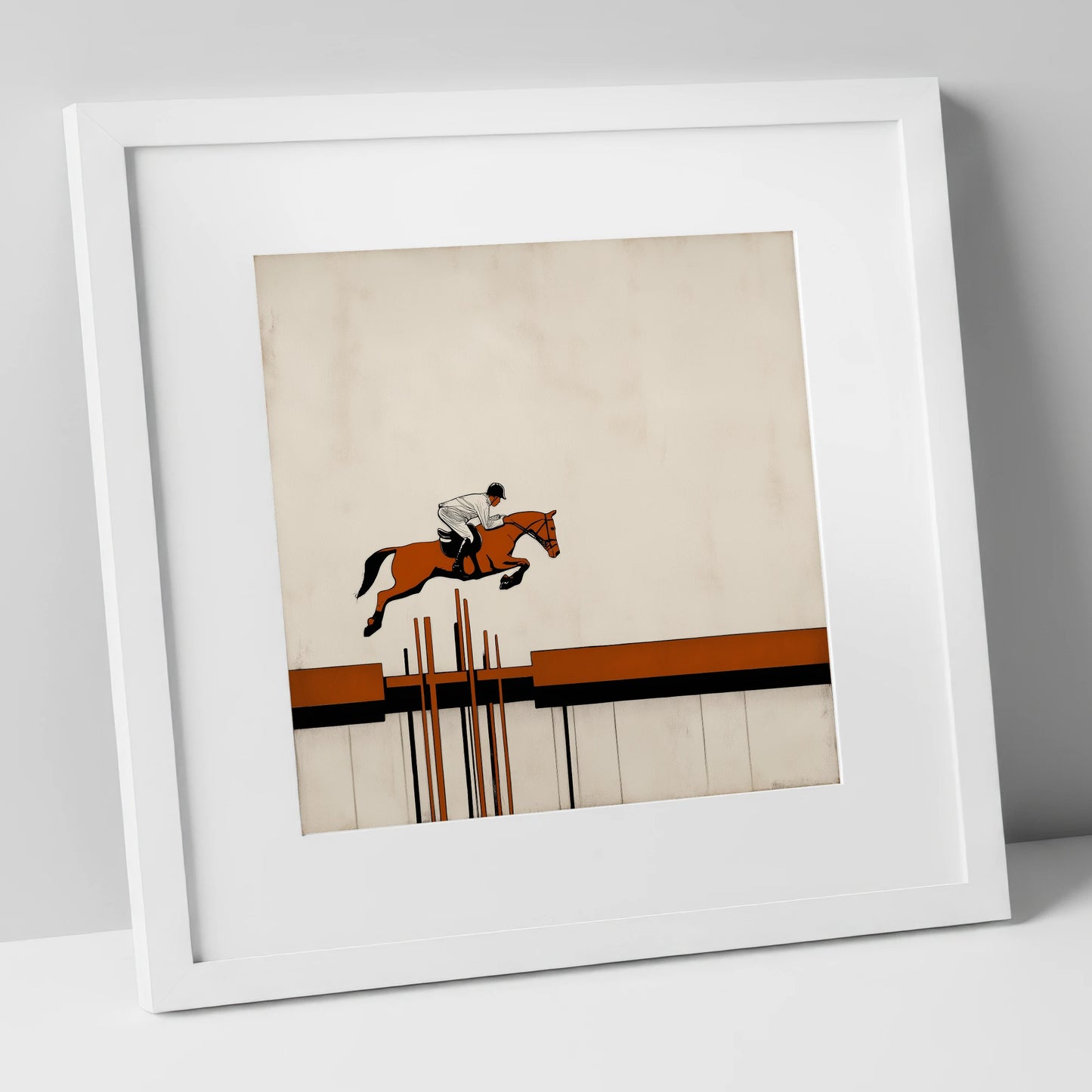 The Modernist Leap show jumping horse art print in white frame