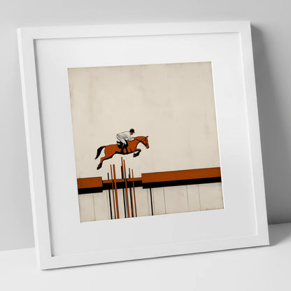 The Modernist Leap show jumping horse art print in white frame