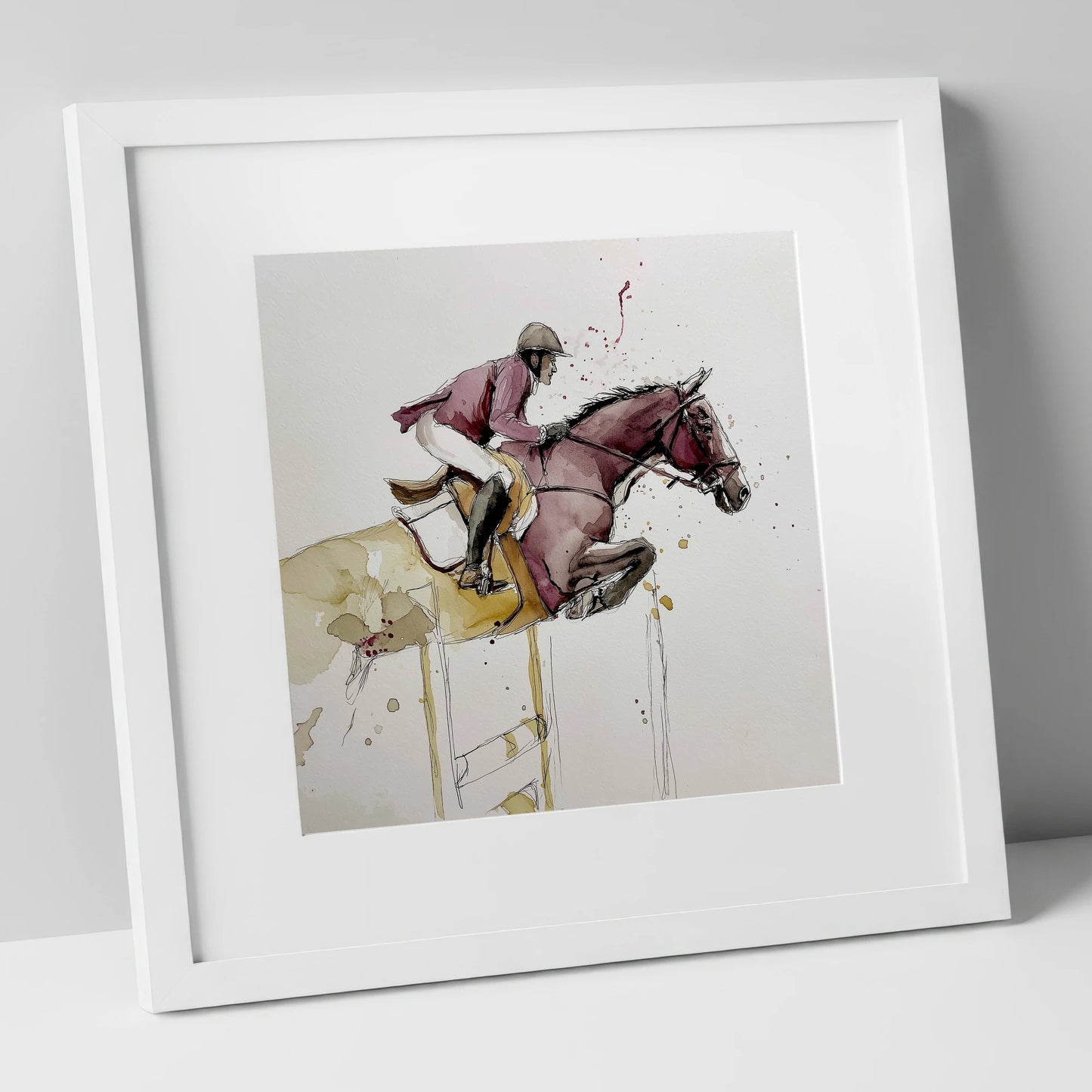 Burgundy Flight show jumping horse art print in white frame