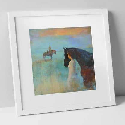 Distant Echoes horse & rider art print in white frame