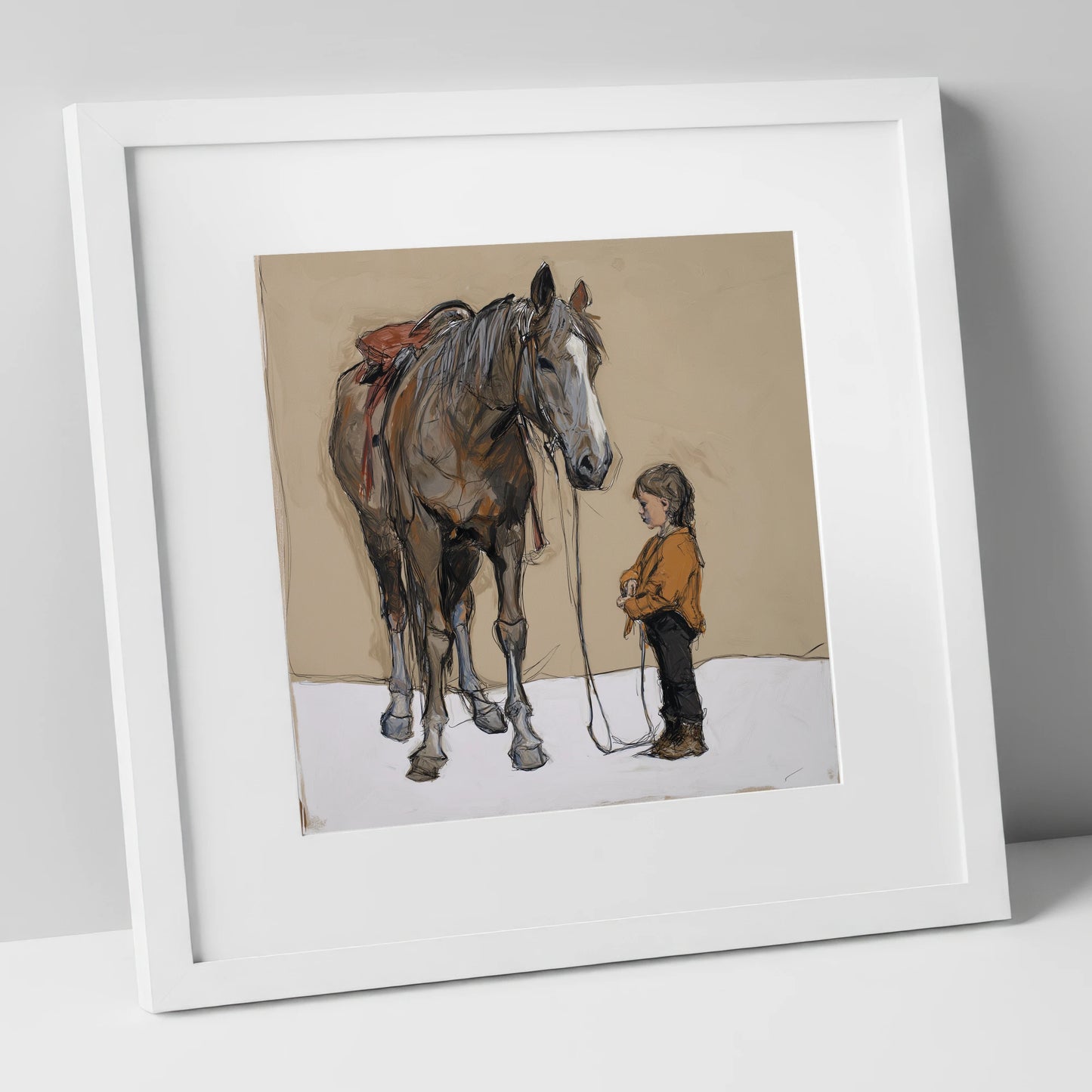 Silent Understanding horse & rider art print in white frame