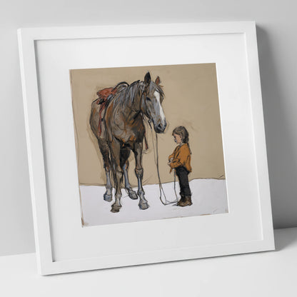 Silent Understanding horse & rider art print in white frame