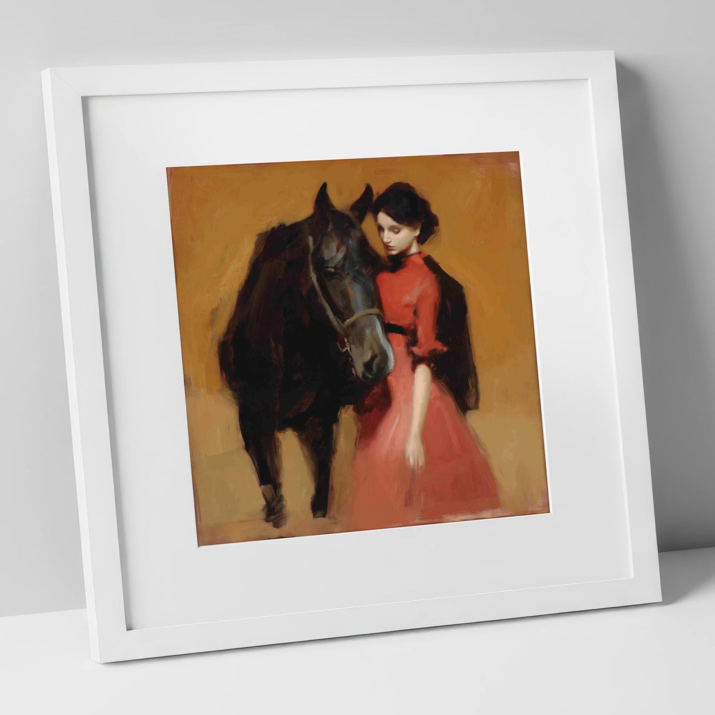 Crimson and Shadow horse & rider art print in white frame