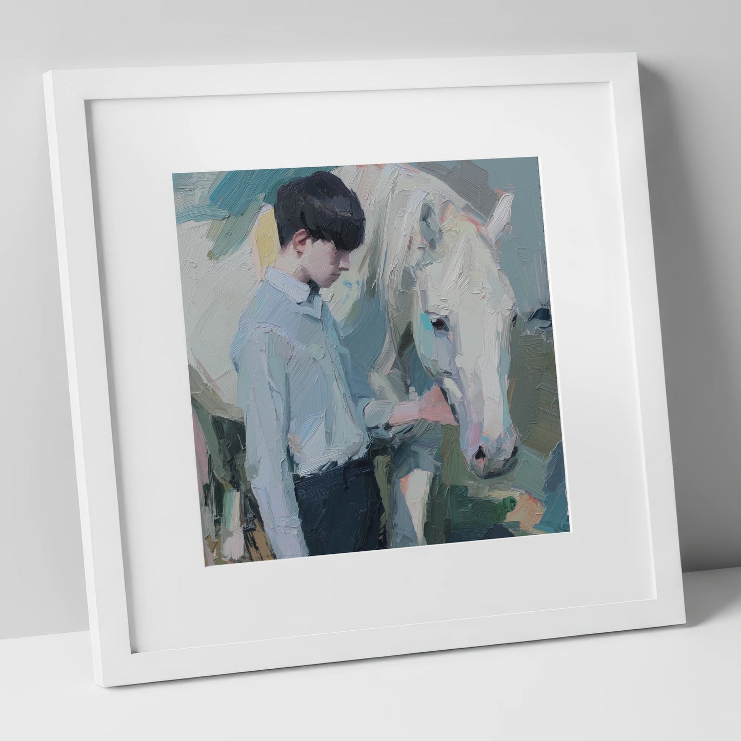 The Quiet Bond horse & rider art print in white frame