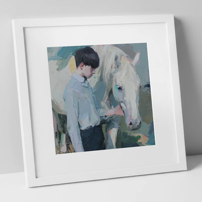 The Quiet Bond horse & rider art print in white frame