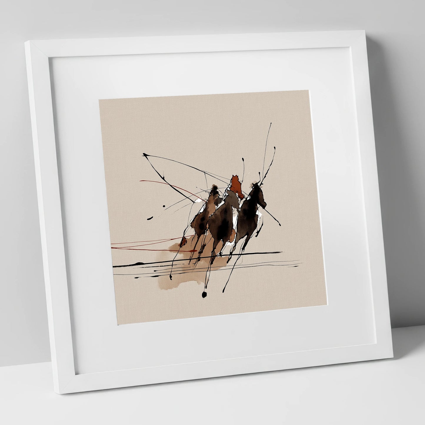Abstract Polo Charge polo horse art print in white frame